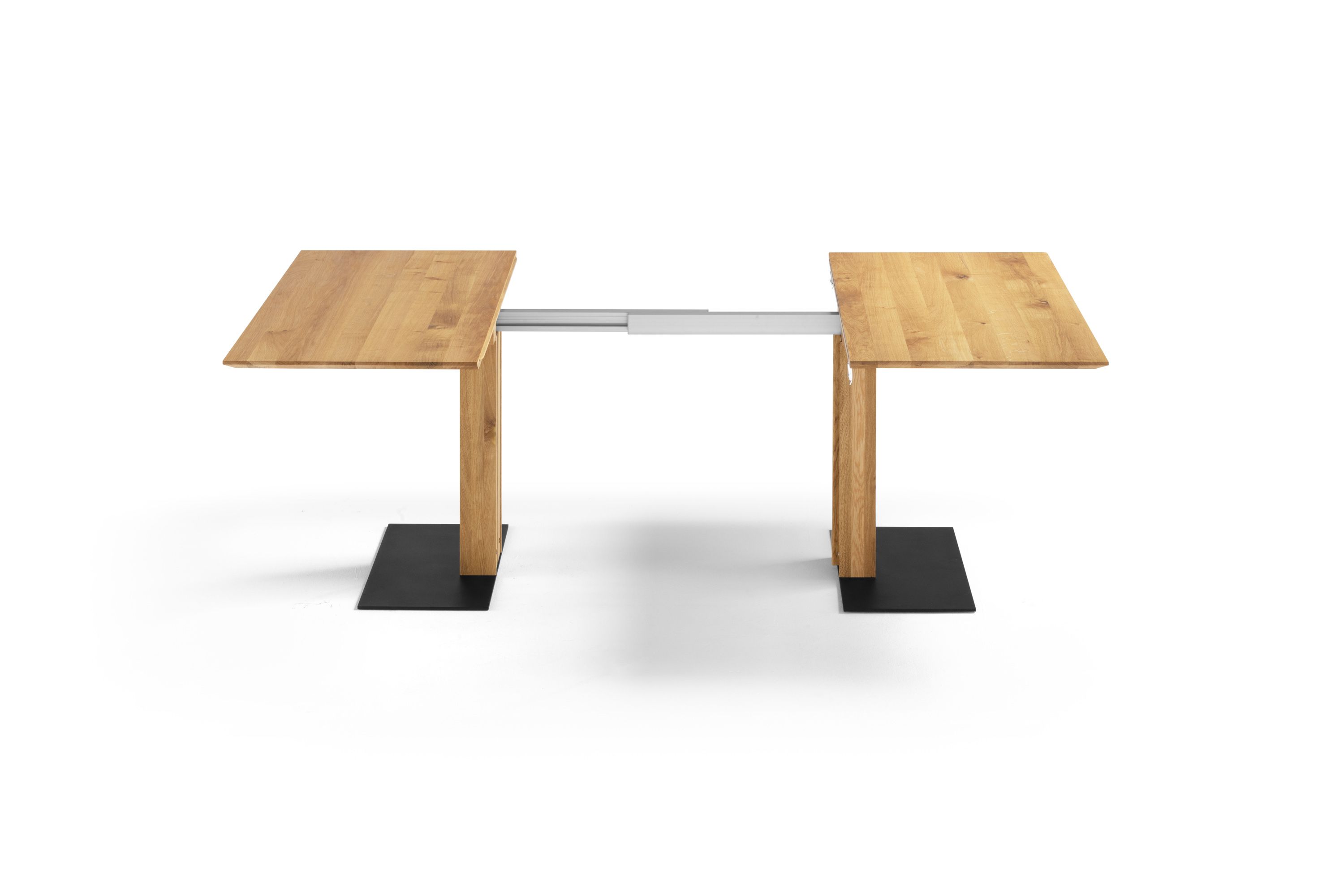 Holztisch quadratisch ausziehbar in Asteiche / Wildeiche mit schwarzer Bodenplatte - Esstisch Sala quadratisch