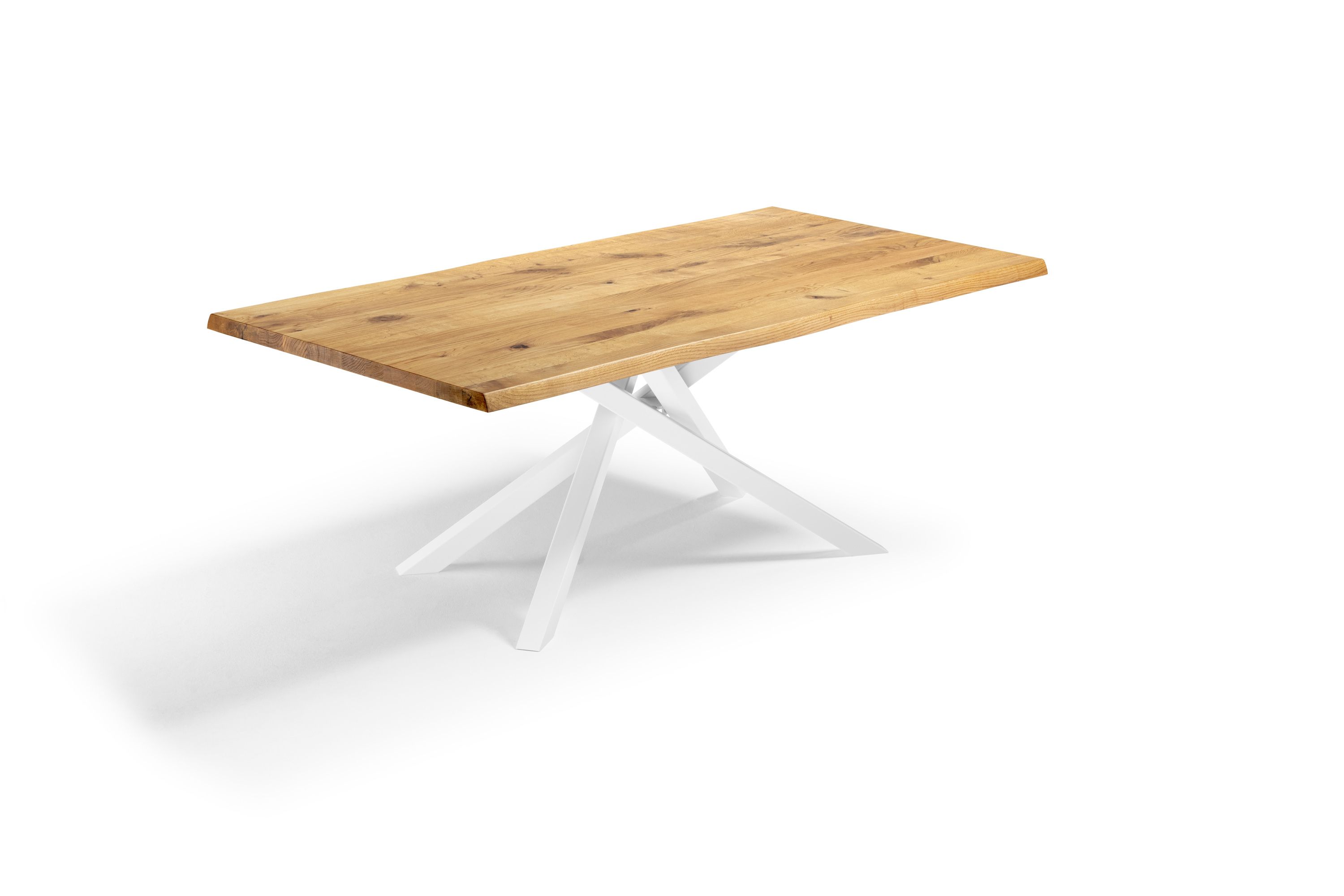 Esstisch Mikado in weiss mit Massivholztischplatte in Asteiche / Wildeiche und Baumkante - Esstisch Piemonte Holz