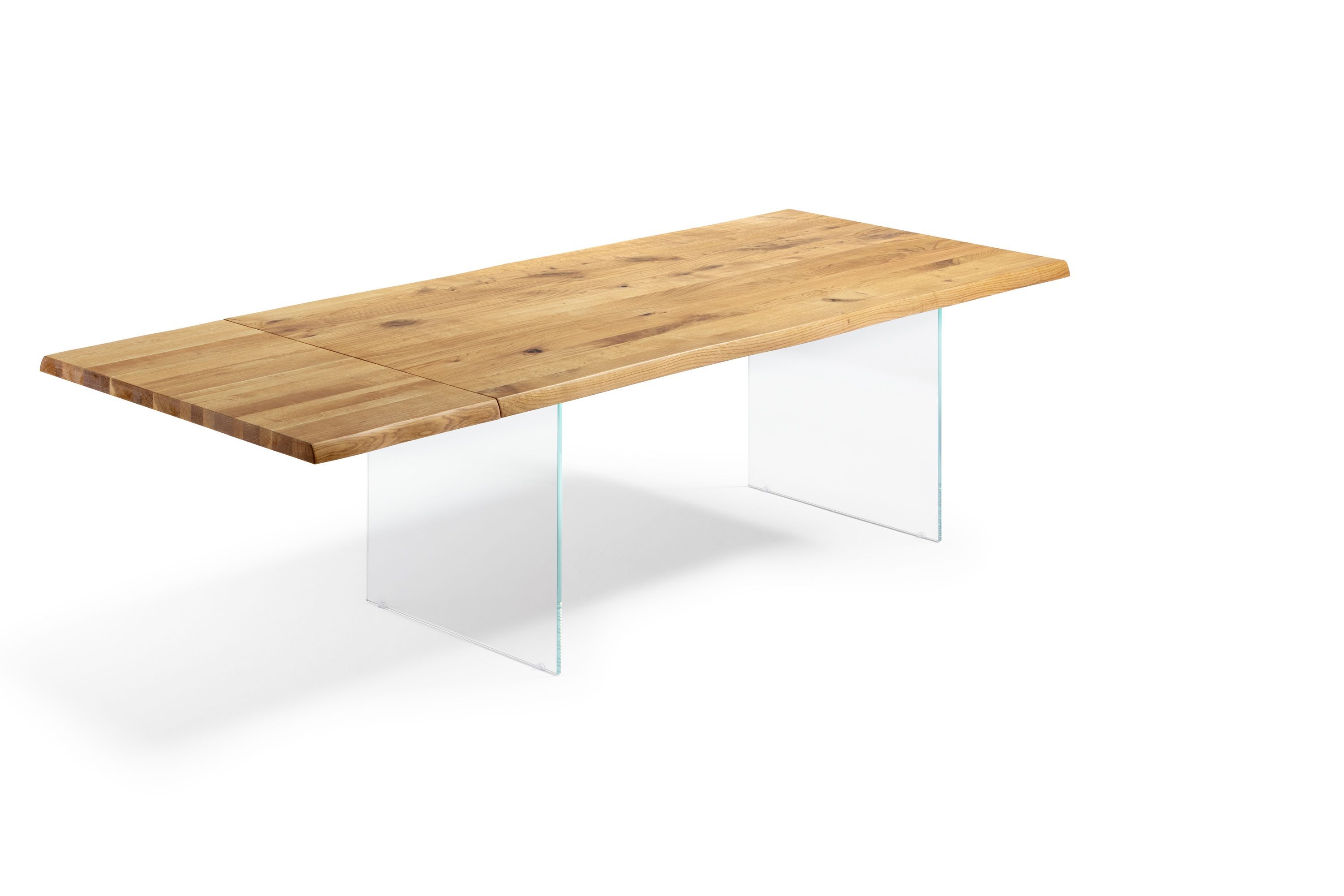 Esstisch mit Glaswangen und Ansteckplatte in Asteiche / Wildeiche mit Baumkante - Esstisch Hadir